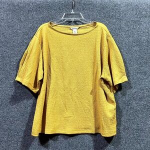 Calvin Klein Crinkle Top Womens XL Amber Gold Stretch Puff Sleeve Round Neck
